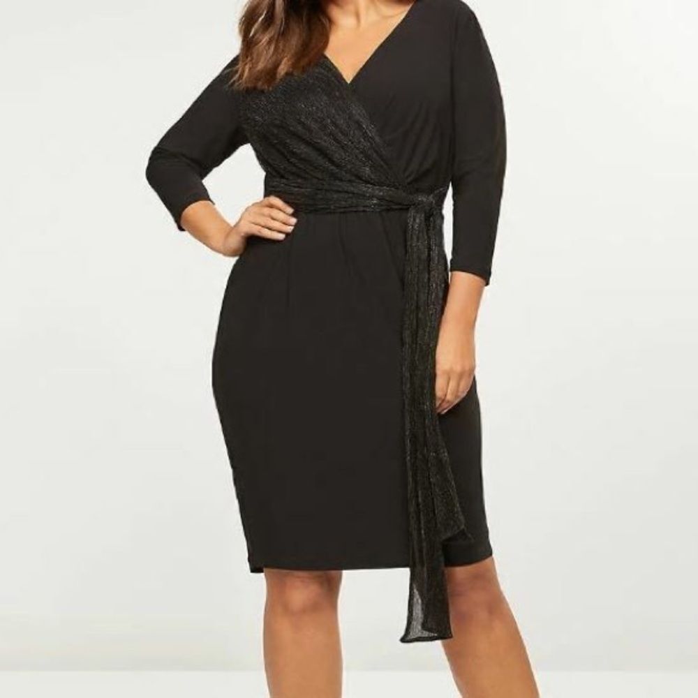 Lane Bryant Black Wrap-Front Mini Dress with Shimmery Sash